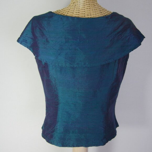 Vtg Karen Warren Women 6 Blue Silk Sleeveless Top Shirt Iridescent Rosette  S - Picture 2 of 6
